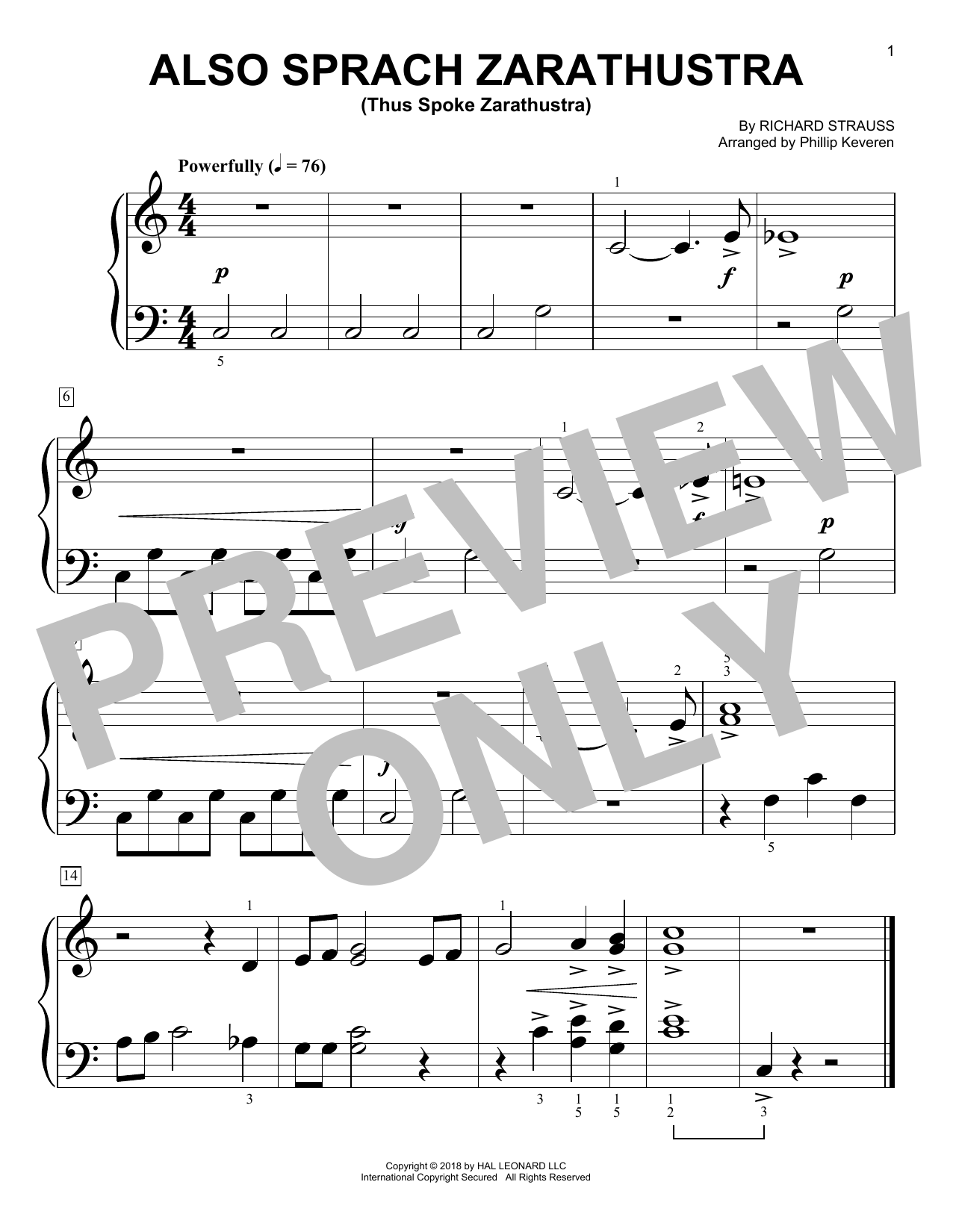 Learn to play Phillip Keveren Also Sprach Zarathustra sheet music for Big Note Piano in minutes. Price: 6.9900$ Phillip Keveren Also Sprach Zarathustra sheet music notes and chords arranged for Big Note Piano