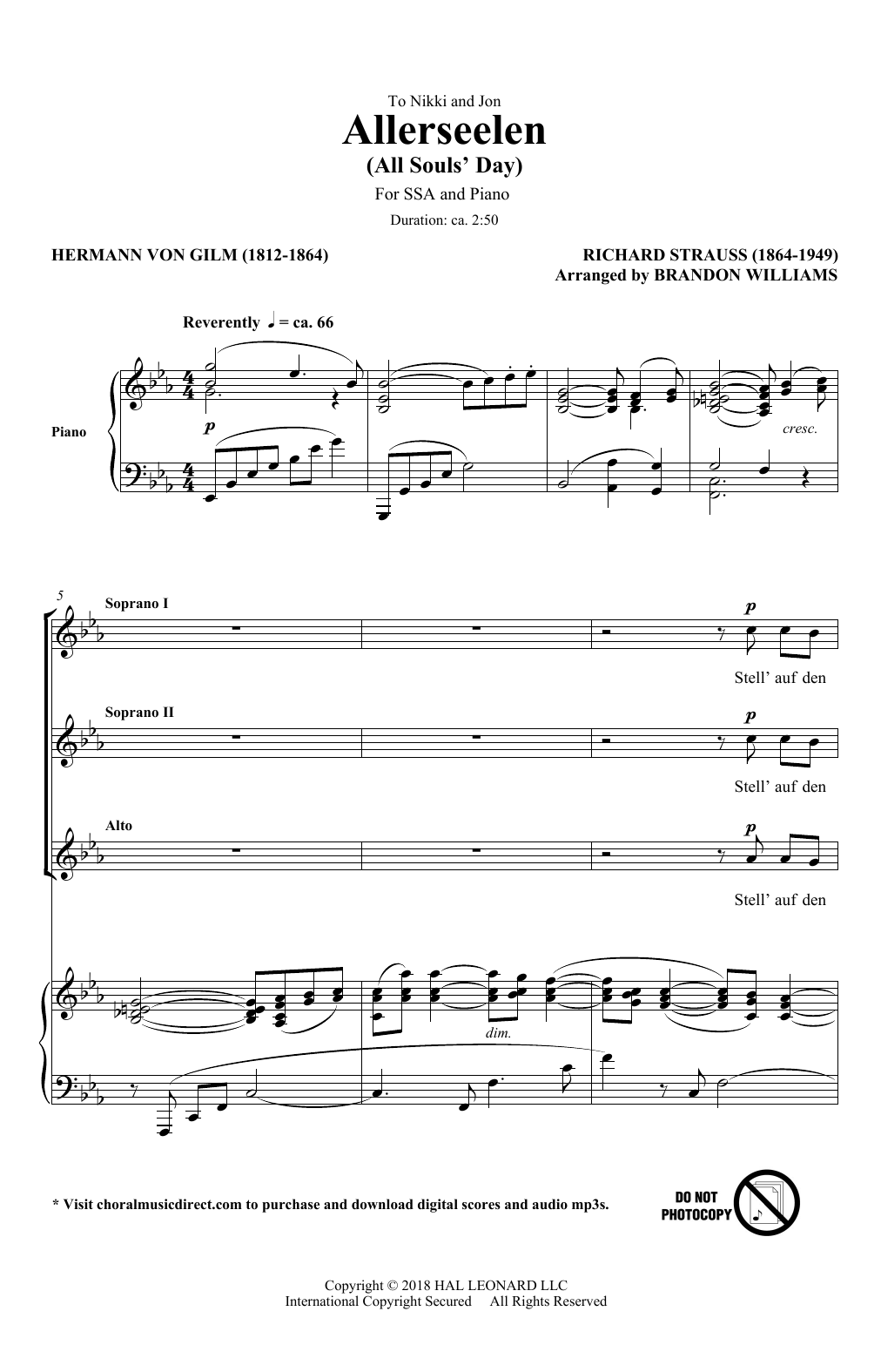 Learn to play Richard Strauss & Hermann von Gilm Allerseelen (arr. Brandon Williams) sheet music for SSA Choir in minutes. Price: 3.9900$ Richard Strauss & Hermann von Gilm Allerseelen (arr. Brandon Williams) sheet music notes and chords arranged for SSA Choir