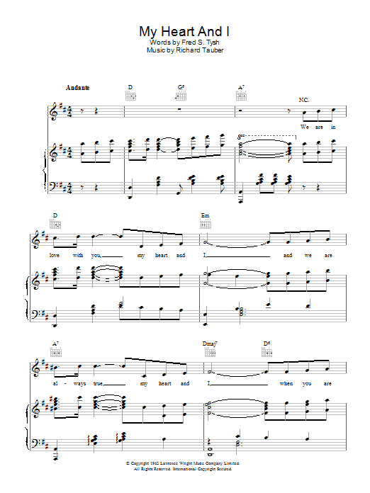 Learn to play Richard Tauber My Heart And I sheet music for Piano, Vocal & Guitar (Right-Hand Melody) in minutes. Richard Tauber My Heart And I sheet music notes and chords. Download Printable PDF.