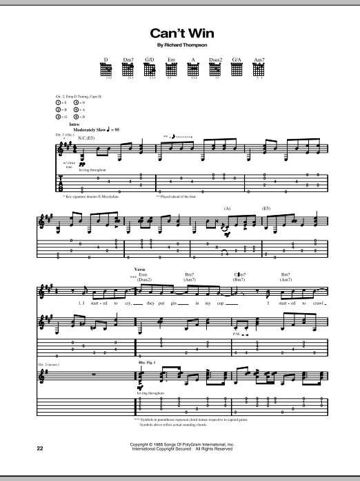 Richard Thompson Can't Win sheet music notes and chords. Download Printable PDF.