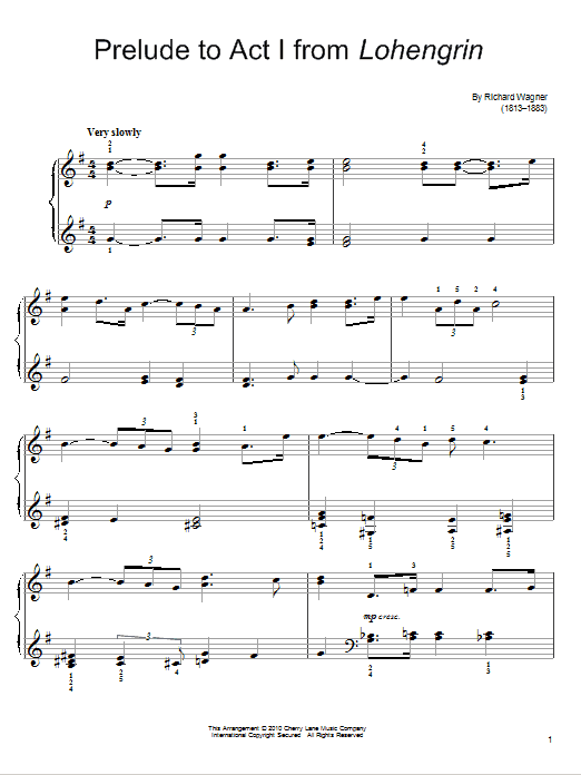 Learn to play Richard Wagner Prelude (Lohengrin) sheet music for Easy Piano in minutes. Price: 6.9900$ Richard Wagner Prelude (Lohengrin) sheet music notes and chords arranged for Easy Piano