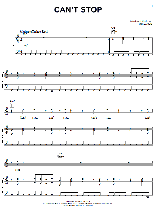 Rick James Can't Stop sheet music notes and chords. Download Printable PDF.