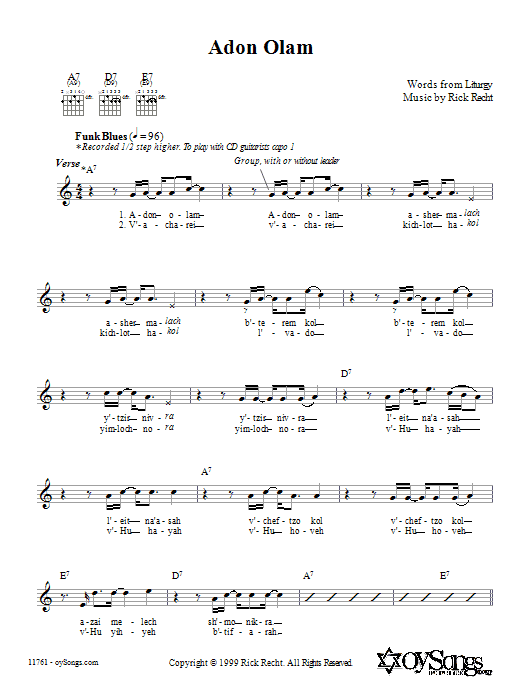 Rick Recht Adon Olam sheet music notes and chords. Download Printable PDF.