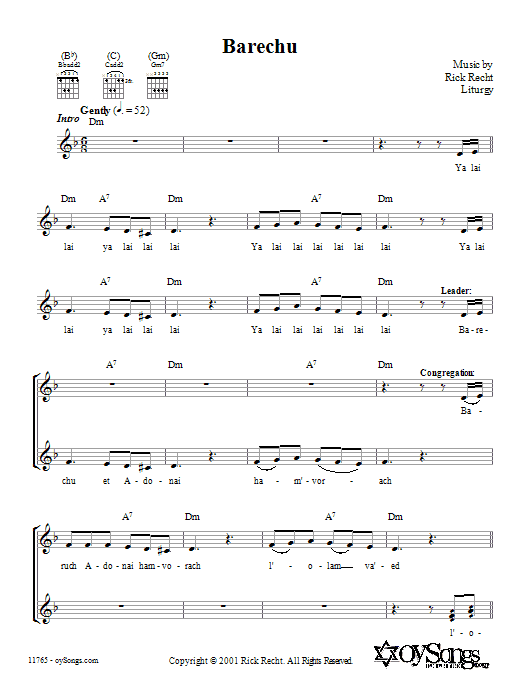 Rick Recht Barechu sheet music notes and chords. Download Printable PDF.