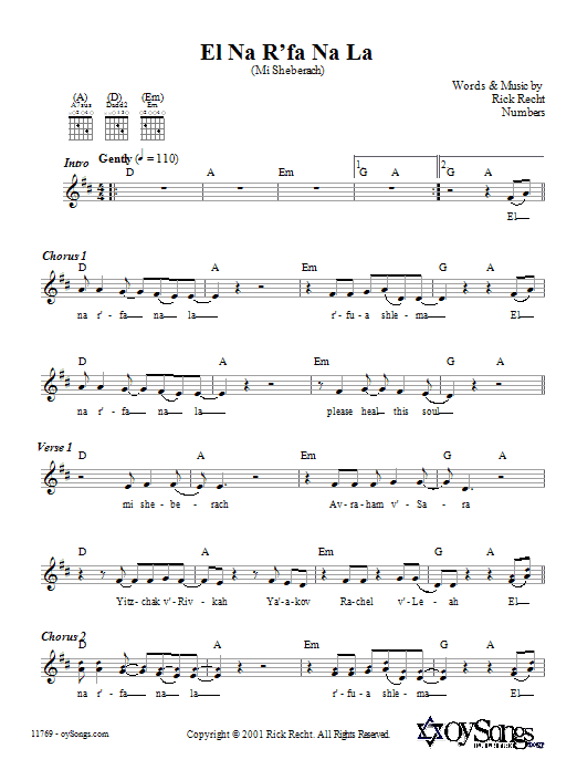Learn to play Rick Recht El Na R'fa Na La (Mi Sheberach) sheet music for Lead Sheet / Fake Book in minutes. Price: 5.9900$ Rick Recht El Na R'fa Na La (Mi Sheberach) sheet music notes and chords arranged for Lead Sheet / Fake Book
