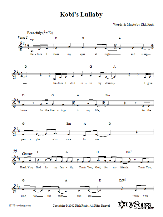 Rick Recht Kobi's Lullaby sheet music notes and chords. Download Printable PDF.