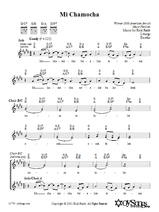 Rick Recht Mi Chamocha sheet music notes and chords. Download Printable PDF.