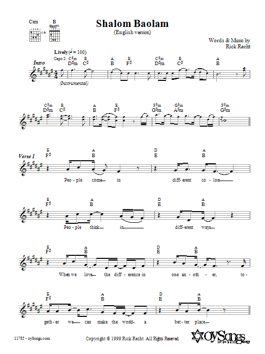 Learn to play Rick Recht Shalom Baolam (English version) sheet music for Lead Sheet / Fake Book in minutes. Price: 5.9900$ Rick Recht Shalom Baolam (English version) sheet music notes and chords arranged for Lead Sheet / Fake Book