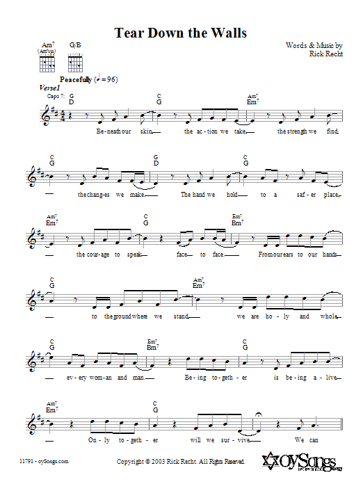 Learn to play Rick Recht Tear Down the Walls sheet music for Lead Sheet / Fake Book in minutes. Price: 5.9900$ Rick Recht Tear Down the Walls sheet music notes and chords arranged for Lead Sheet / Fake Book