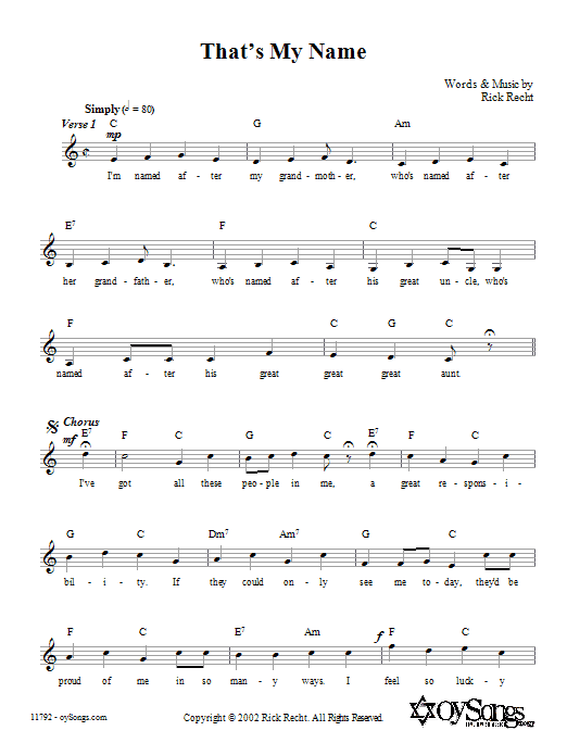 Rick Recht That's My Name sheet music notes and chords arranged for Lead Sheet / Fake Book