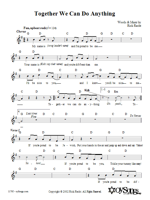 Learn to play Rick Recht Together We Can Do Anything sheet music for Lead Sheet / Fake Book in minutes. Price: 5.9900$ Rick Recht Together We Can Do Anything sheet music notes and chords arranged for Lead Sheet / Fake Book