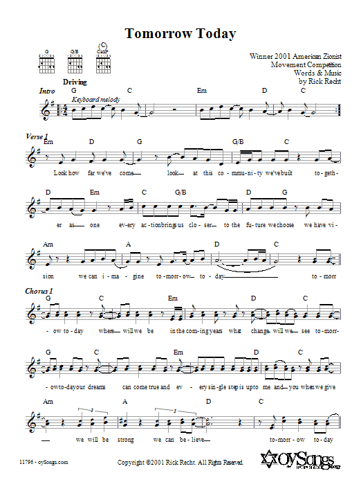 Rick Recht Tomorrow Today sheet music notes and chords. Download Printable PDF.