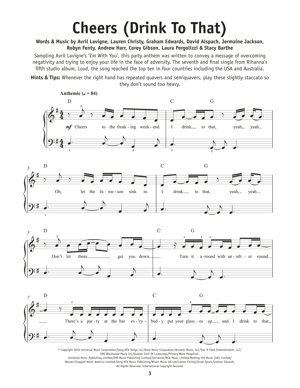 Rihanna Cheers (Drink To That) sheet music notes and chords. Download Printable PDF.