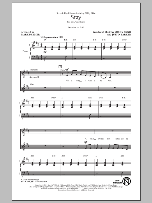 Rihanna Stay (arr. Mark Brymer) sheet music notes and chords - Download Printable PDF and start playing in minutes.
