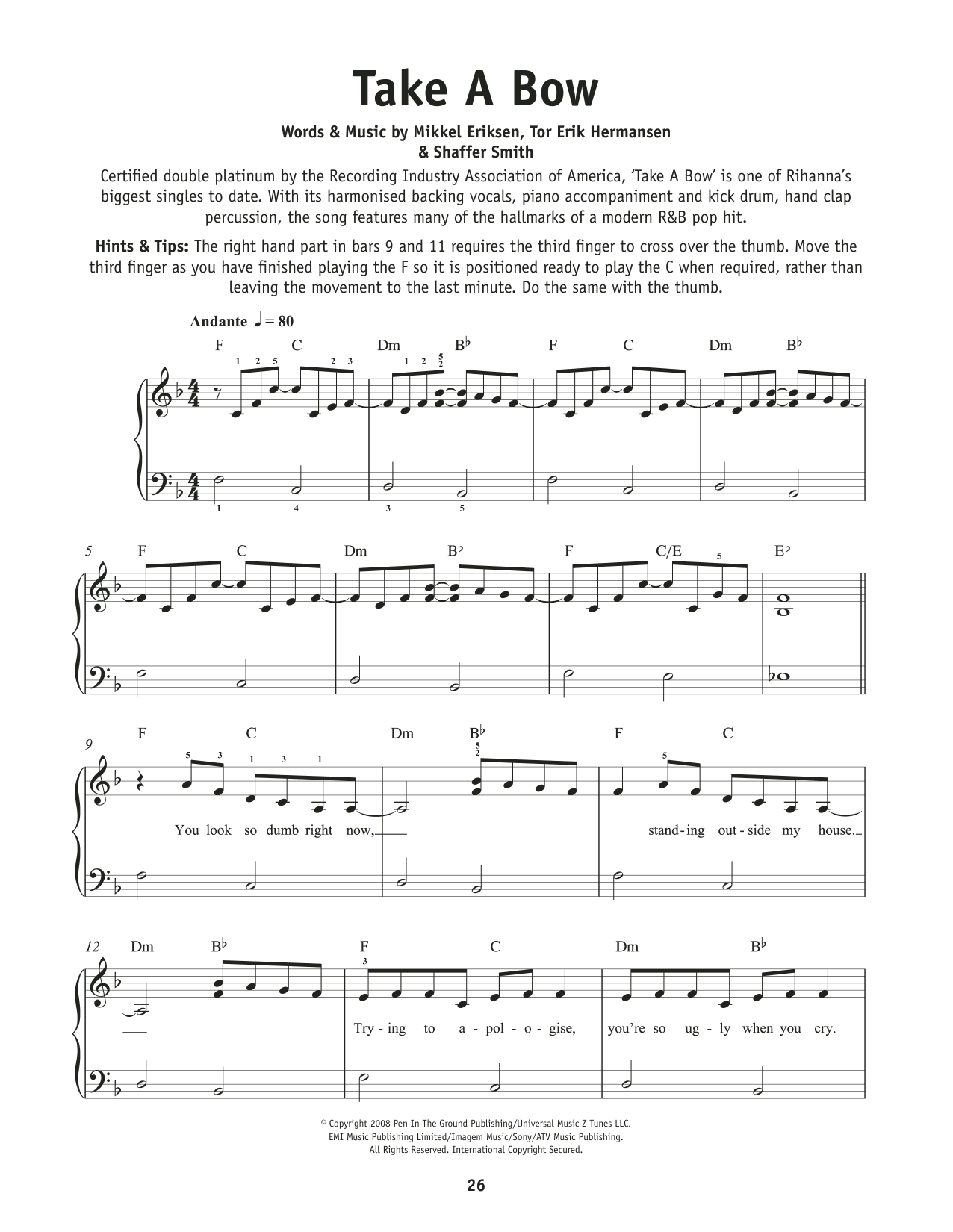 Rihanna Take A Bow sheet music notes and chords. Download Printable PDF.