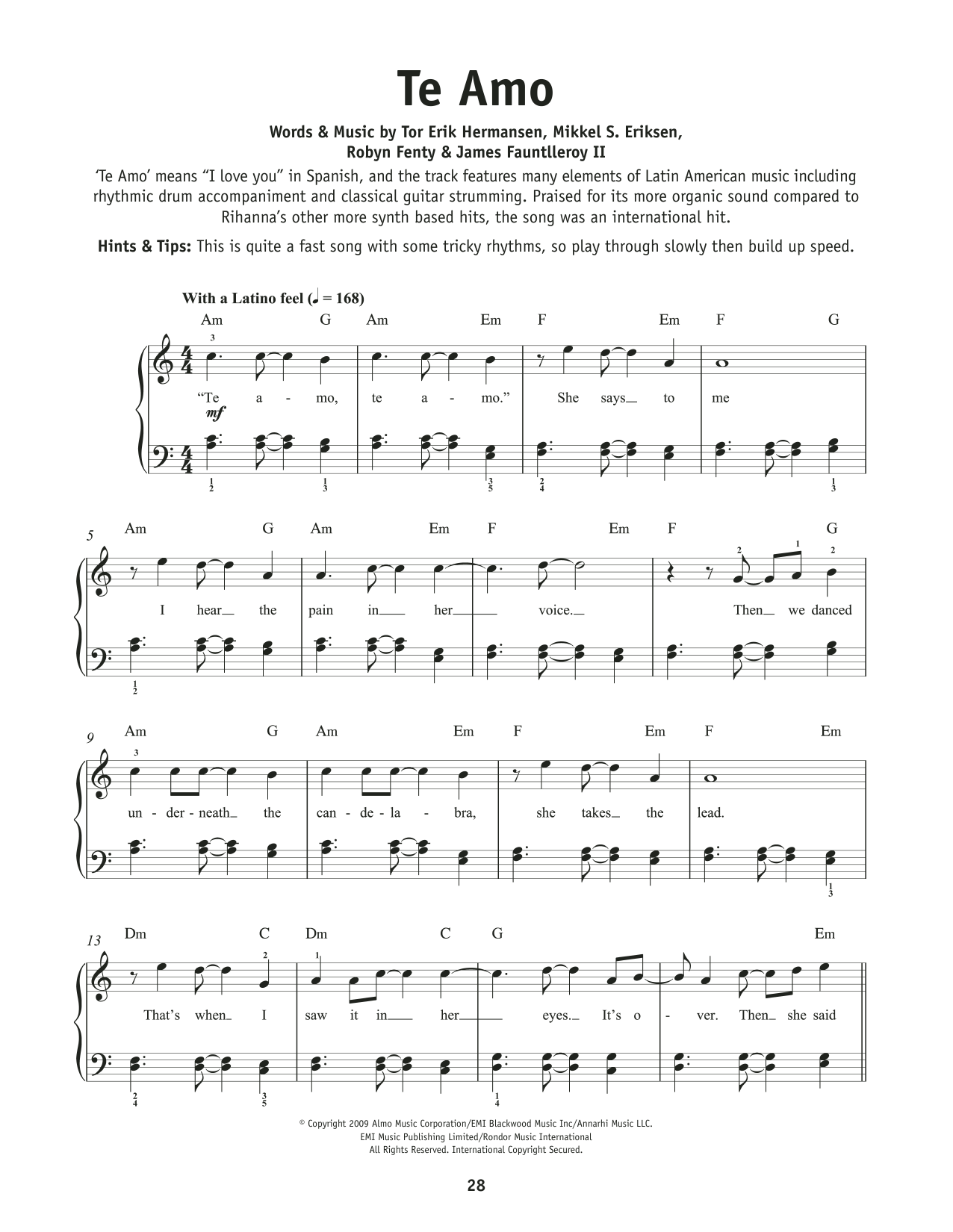 Rihanna Te Amo sheet music notes and chords. Download Printable PDF.