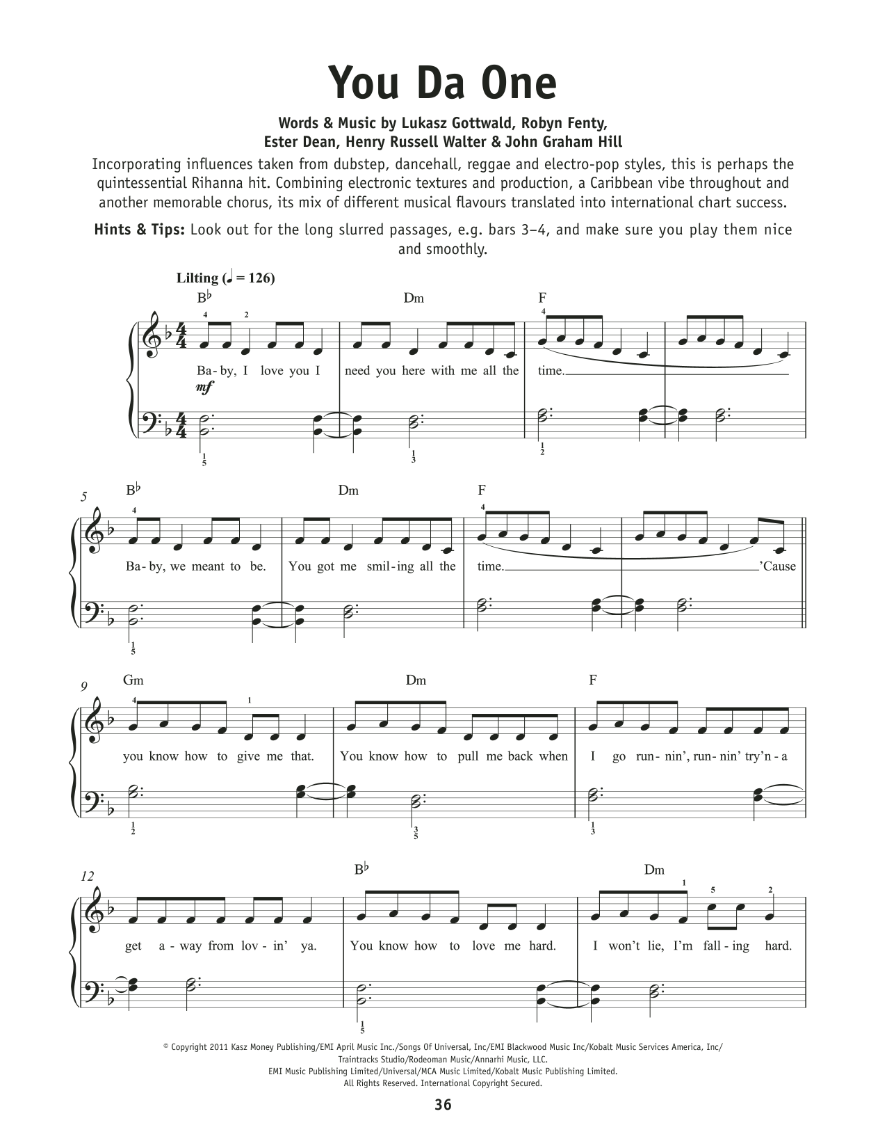 Rihanna You Da One sheet music notes and chords. Download Printable PDF.