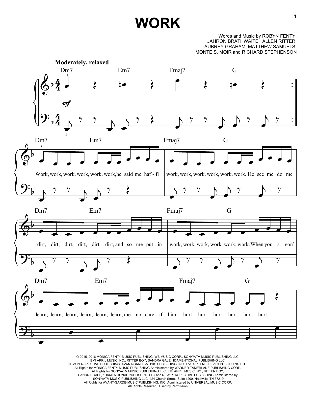 Rihanna Work (feat. Drake) sheet music notes and chords. Download Printable PDF.