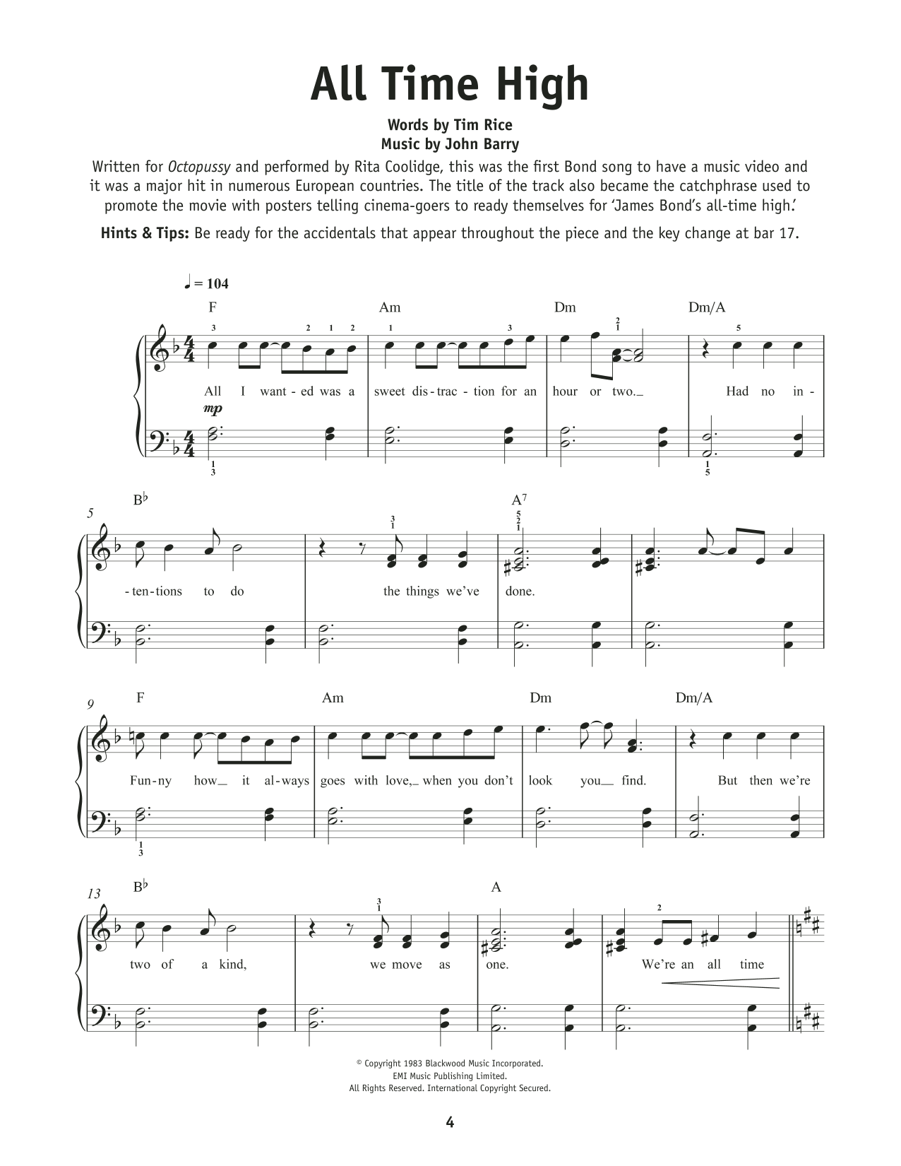 Rita Coolidge All Time High sheet music notes and chords. Download Printable PDF.