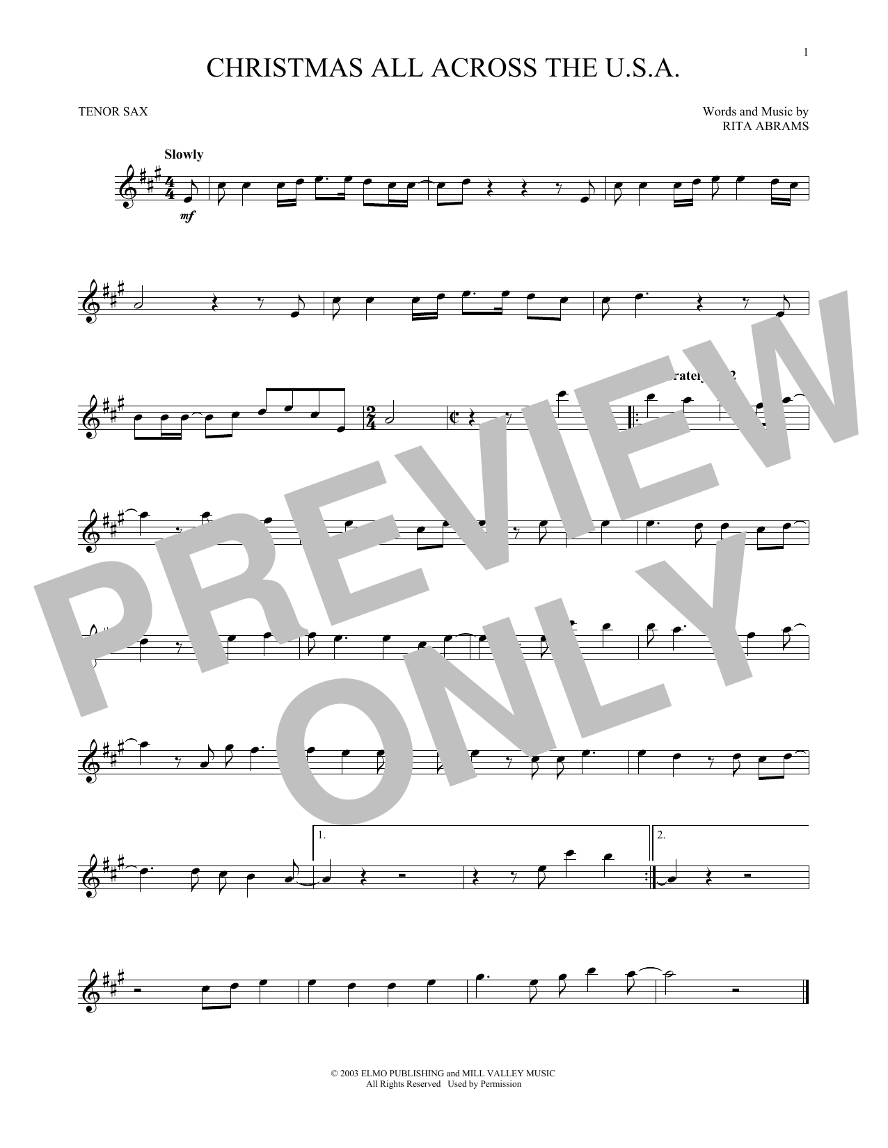 Learn to play Rita Abrams Christmas All Across The U.S.A. sheet music for Alto Sax Solo in minutes. Price: 6.9900$ Rita Abrams Christmas All Across The U.S.A. sheet music notes and chords arranged for Alto Sax Solo