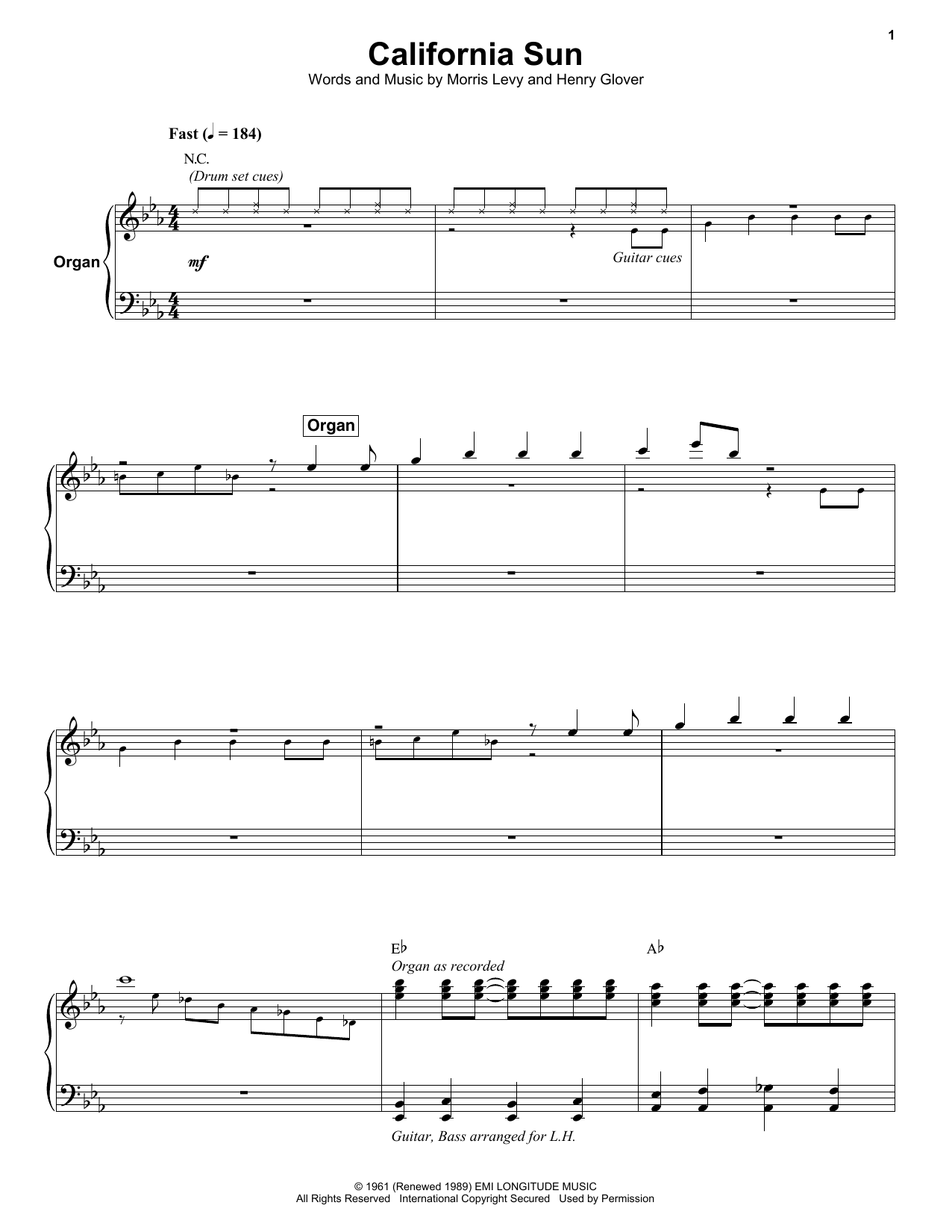 Rivieras California Sun sheet music notes and chords. Download Printable PDF.