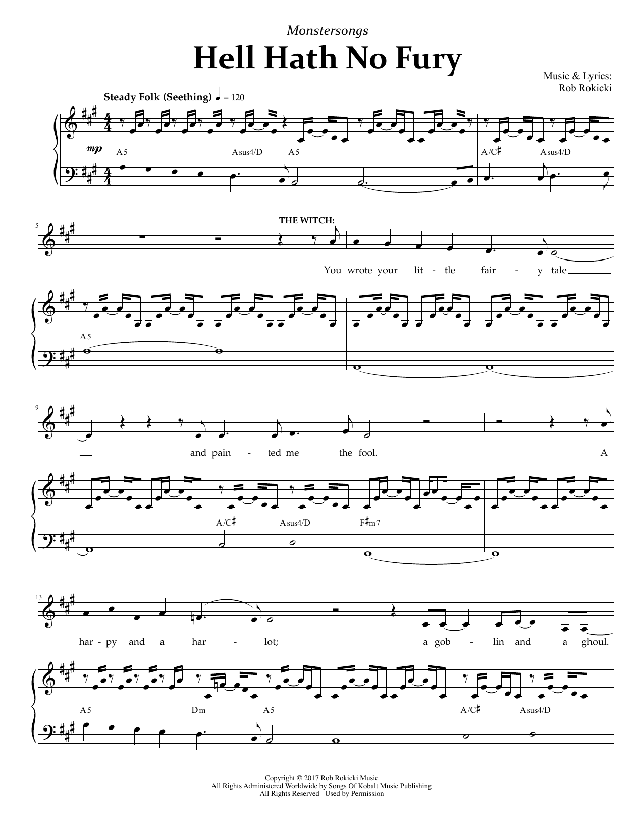 Learn to play Rob Rokicki Hell Hath No Fury (from Monstersongs) sheet music for Piano & Vocal in minutes. Rob Rokicki Hell Hath No Fury (from Monstersongs) sheet music notes and chords. Download Printable PDF.