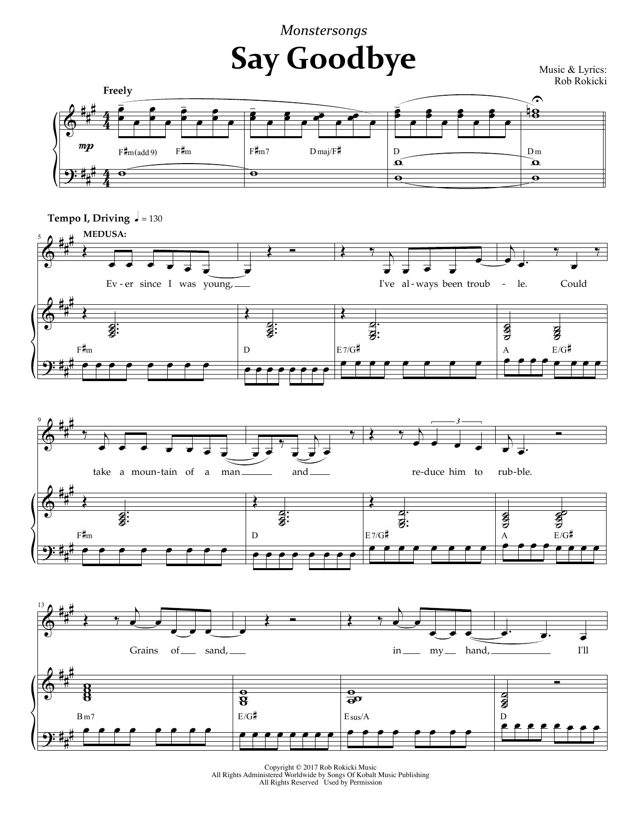 Learn to play Rob Rokicki Say Goodbye (from Monstersongs) sheet music for Piano & Vocal in minutes. Rob Rokicki Say Goodbye (from Monstersongs) sheet music notes and chords. Download Printable PDF.
