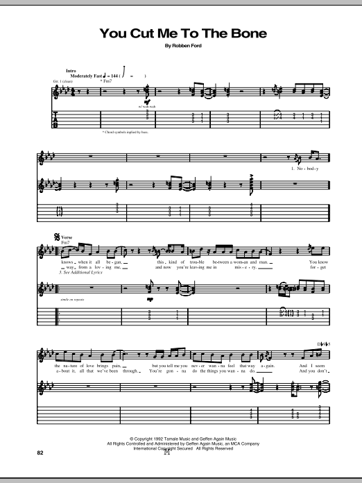 Learn to play Robben Ford You Cut Me To The Bone sheet music for Guitar Tab in minutes. Price: 6.9900$ Robben Ford You Cut Me To The Bone sheet music notes and chords arranged for Guitar Tab