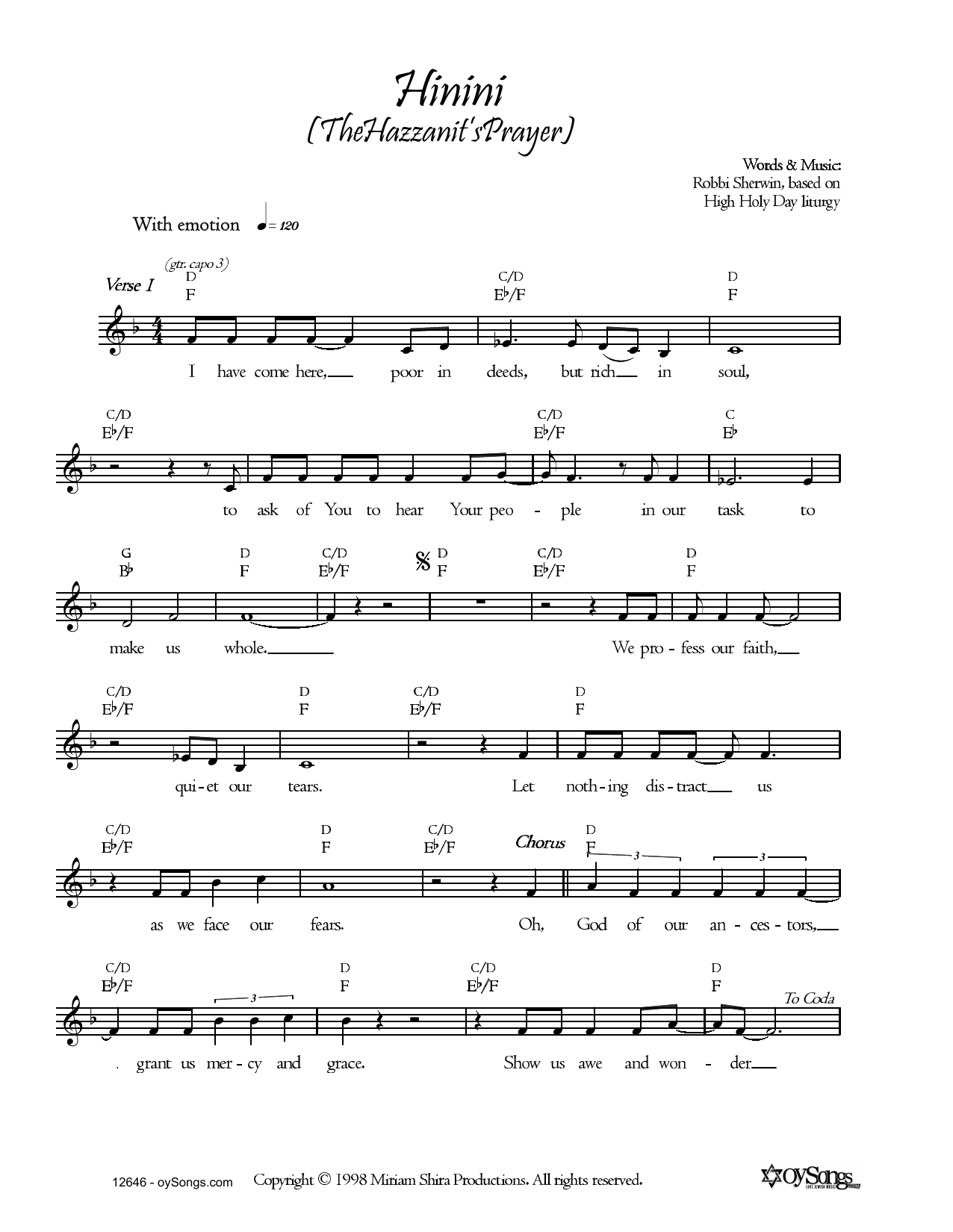 Learn to play Robbi Sherwin Hinini (The Hazzanit's Prayer) sheet music for Lead Sheet / Fake Book in minutes. Price: 5.9900$ Robbi Sherwin Hinini (The Hazzanit's Prayer) sheet music notes and chords arranged for Lead Sheet / Fake Book