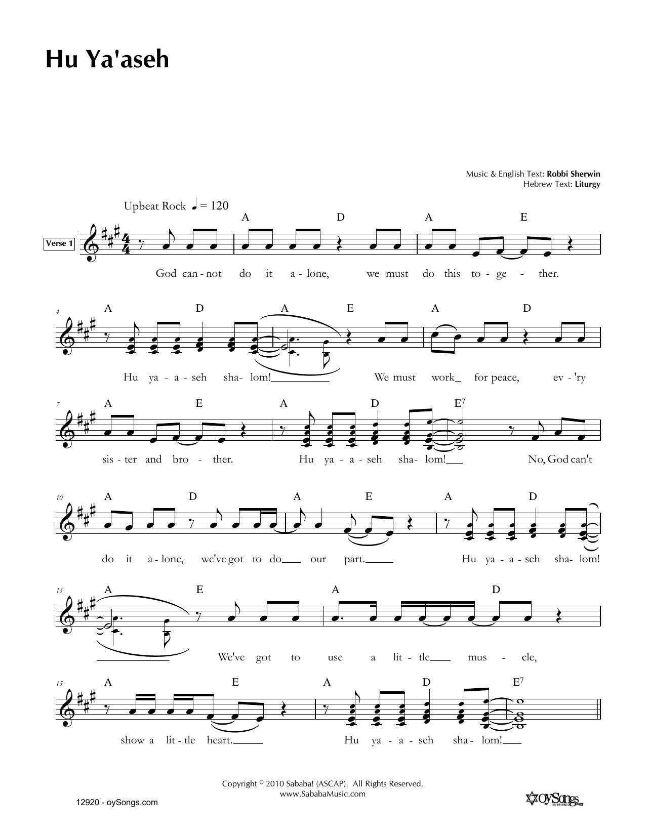 Robbi Sherwin Hu Ya'aseh sheet music notes and chords. Download Printable PDF.