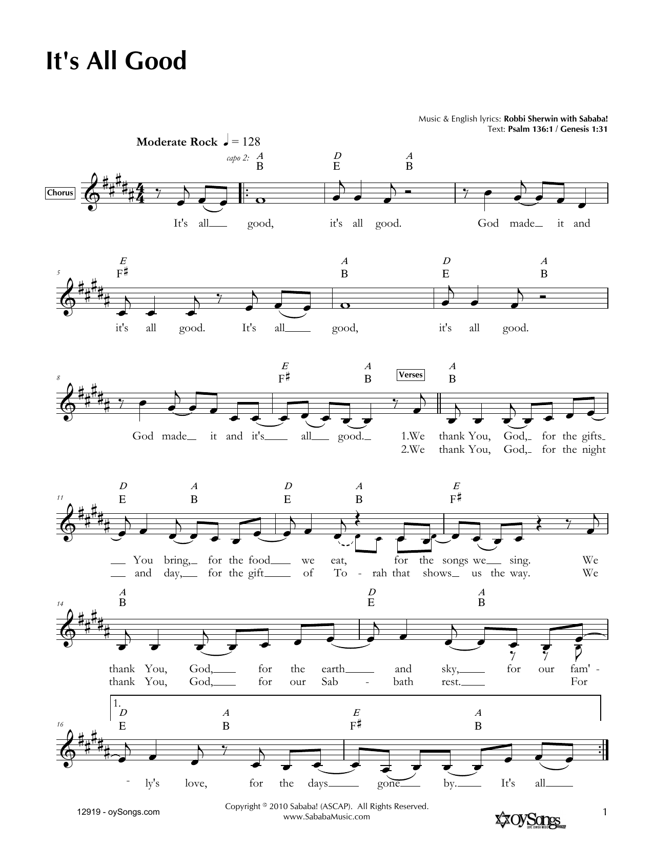 Learn to play Robbi Sherwin It's All Good sheet music for Lead Sheet / Fake Book in minutes. Price: 5.9900$ Robbi Sherwin It's All Good sheet music notes and chords arranged for Lead Sheet / Fake Book