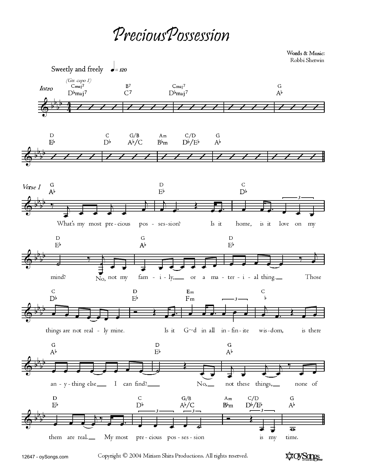 Robbi Sherwin Precious Possession sheet music notes and chords. Download Printable PDF.