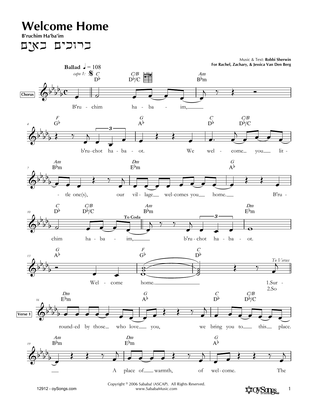 Robbi Sherwin Welcome Home sheet music notes and chords. Download Printable PDF.