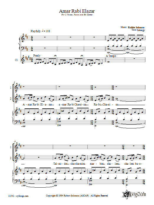 Robbie Solomon Amar Rabi Elazar sheet music notes and chords. Download Printable PDF.