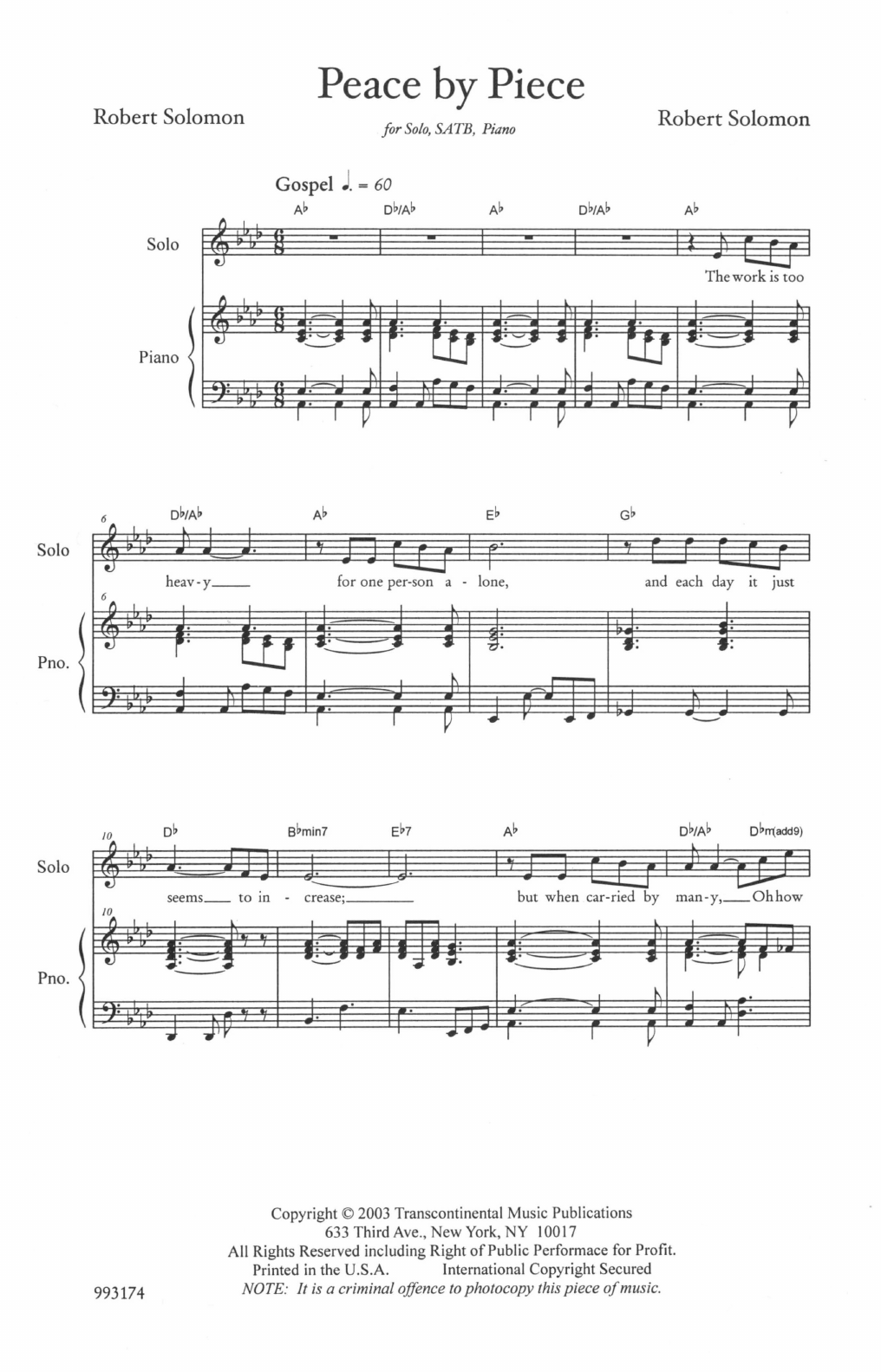 Robbie Solomon Piece By Peace Sheet Music Pdf Notes Chords Jewish Score Satb Choir Download Printable Sku