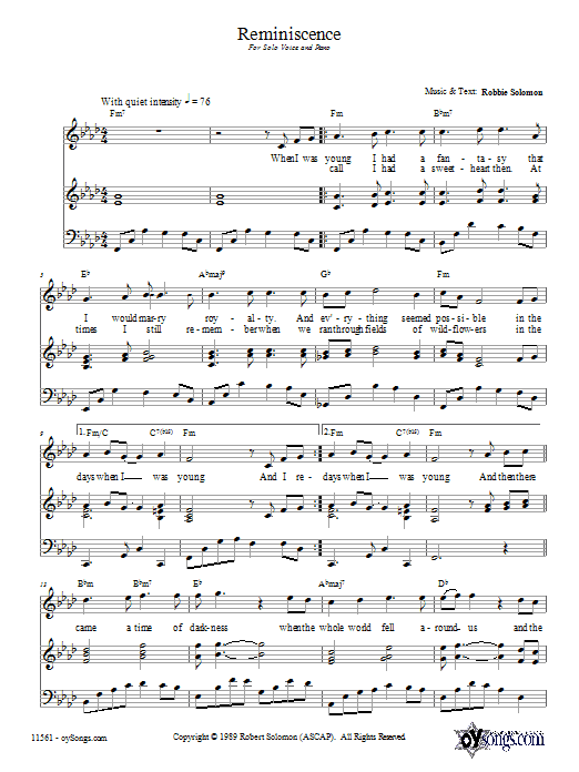 Robbie Solomon Reminscence sheet music notes and chords. Download Printable PDF.