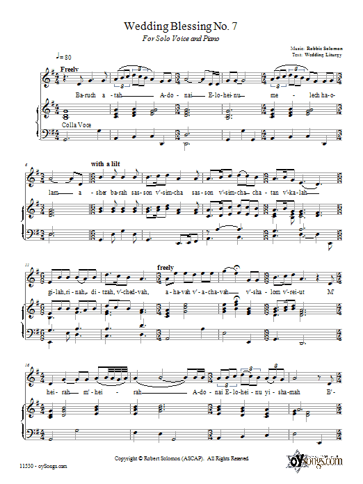 Learn to play Robbie Solomon Wedding Blessing No. 7 sheet music for Piano, Vocal & Guitar Chords (Right-Hand Melody) in minutes. Price: 6.9900$ Robbie Solomon Wedding Blessing No. 7 sheet music notes and chords arranged for Piano, Vocal & Guitar Chords (Right-Hand Melody)