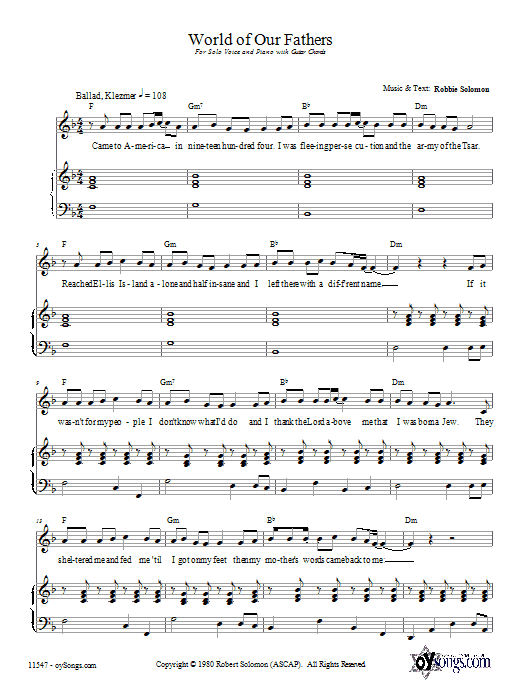 Learn to play Robbie Solomon World of Our Fathers sheet music for Piano, Vocal & Guitar Chords (Right-Hand Melody) in minutes. Price: 6.9900$ Robbie Solomon World of Our Fathers sheet music notes and chords arranged for Piano, Vocal & Guitar Chords (Right-Hand Melody)