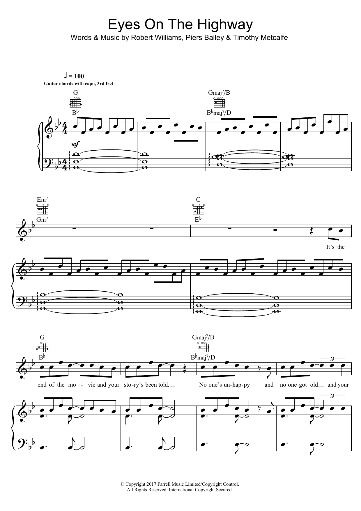 Learn to play Robbie Williams Eyes On The Highway sheet music for Piano, Vocal & Guitar (Right-Hand Melody) in minutes. Robbie Williams Eyes On The Highway sheet music notes and chords. Download Printable PDF.