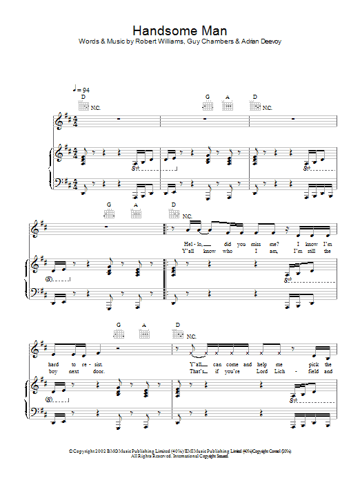 Learn to play Robbie Williams Handsome Man sheet music for Lead Sheet / Fake Book in minutes. Robbie Williams Handsome Man sheet music notes and chords. Download Printable PDF.