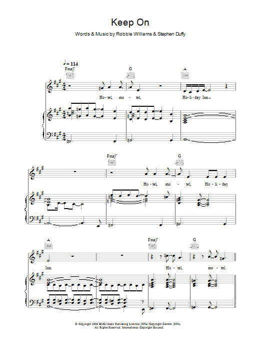 Learn to play Robbie Williams Keep On sheet music for Piano, Vocal & Guitar in minutes. Robbie Williams Keep On sheet music notes and chords. Download Printable PDF.