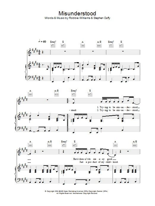 Robbie Williams Misunderstood sheet music notes and chords. Download Printable PDF.