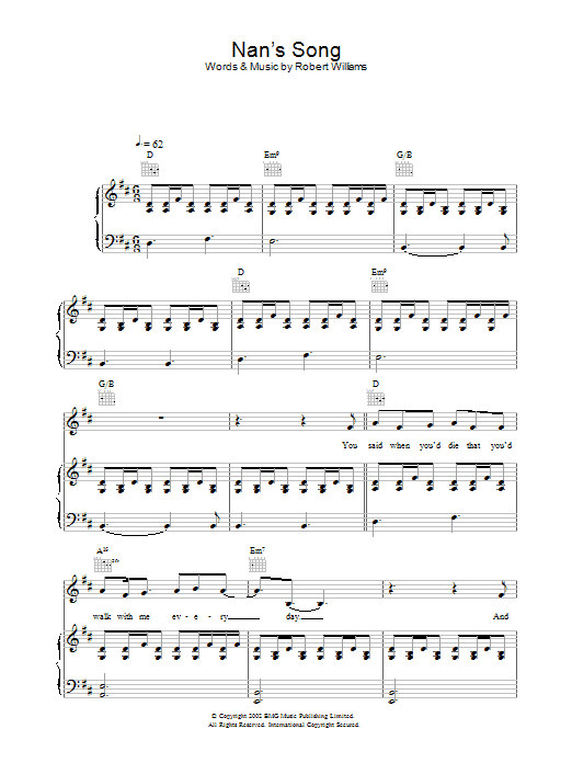 Learn to play Robbie Williams Nan's Song sheet music for Piano, Vocal & Guitar in minutes. Robbie Williams Nan's Song sheet music notes and chords. Download Printable PDF.