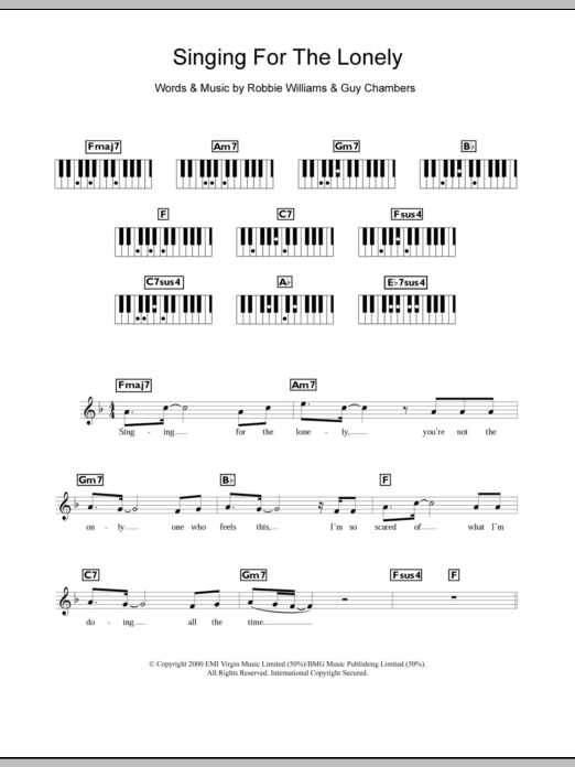 Learn to play Robbie Williams Singing For The Lonely sheet music for Piano Chords/Lyrics in minutes. Price: 3.9900$ Robbie Williams Singing For The Lonely sheet music notes and chords arranged for Piano Chords/Lyrics