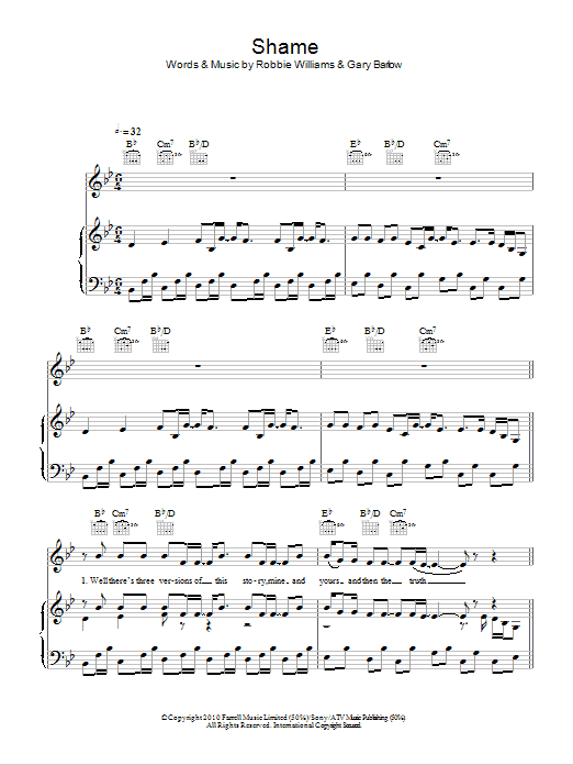 Robbie Williams & Gary Barlow Shame sheet music notes and chords. Download Printable PDF.