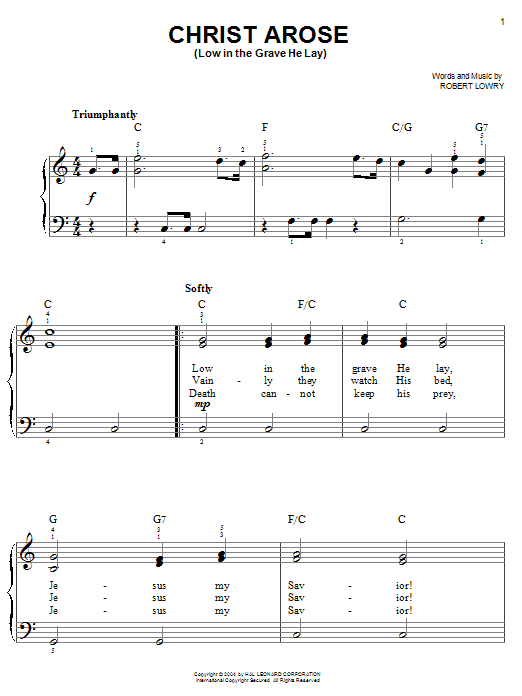 Robert Lowry Christ Arose (Low In The Grave He Lay) sheet music notes and chords. Download Printable PDF.