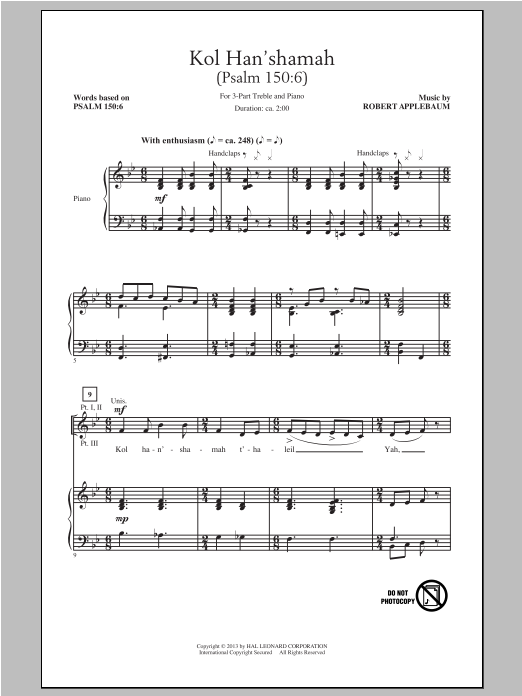 Robert Applebaum Kol Han'shamah sheet music notes and chords. Download Printable PDF.