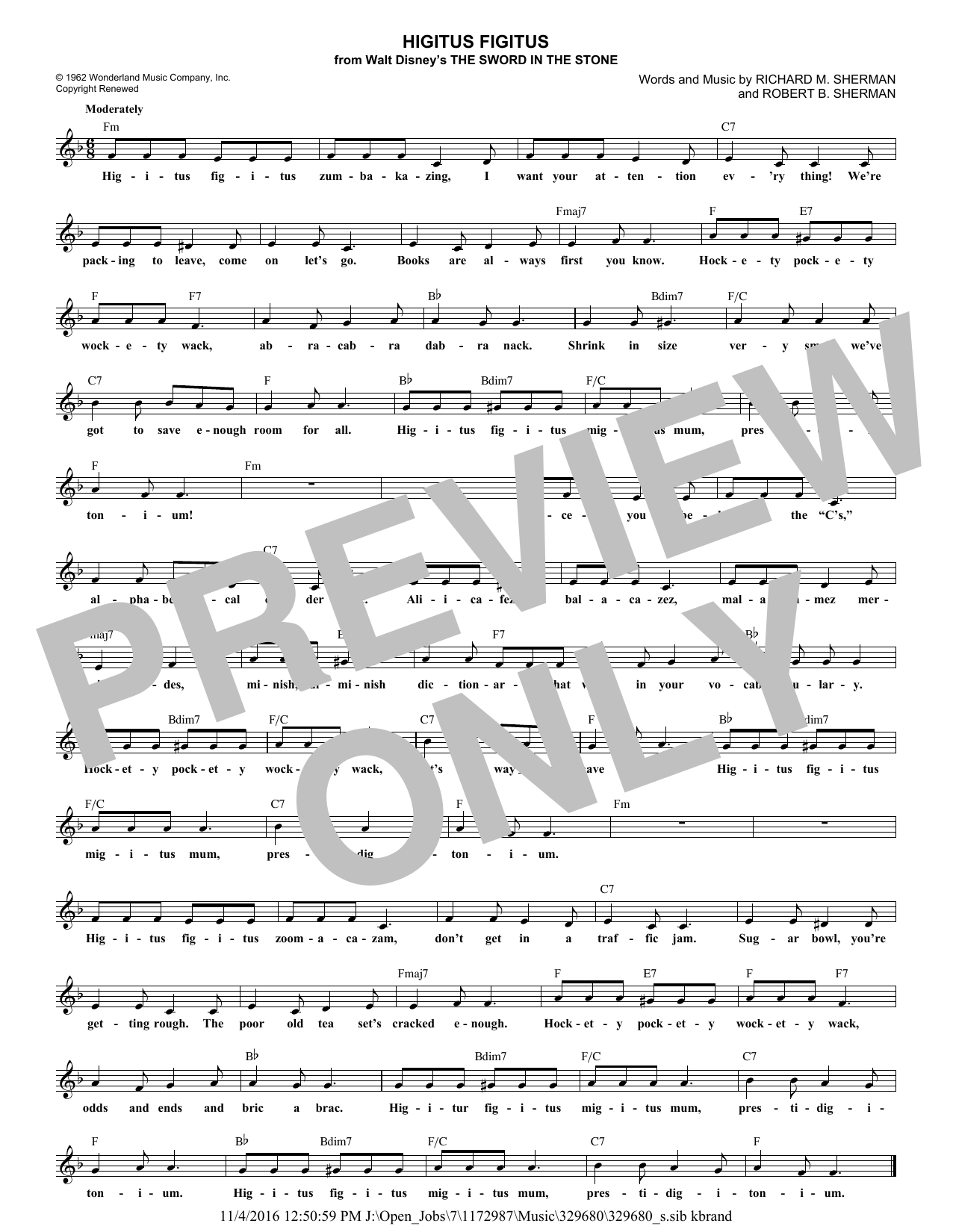 Robert B. Sherman Higitus Figitus sheet music notes and chords. Download Printable PDF.