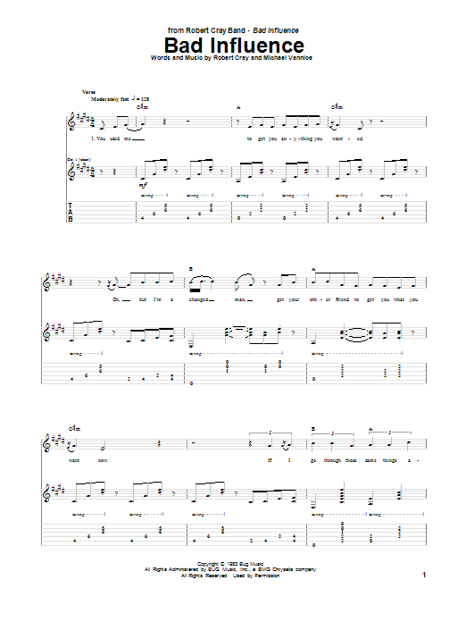 Robert Cray Bad Influence sheet music notes and chords. Download Printable PDF.