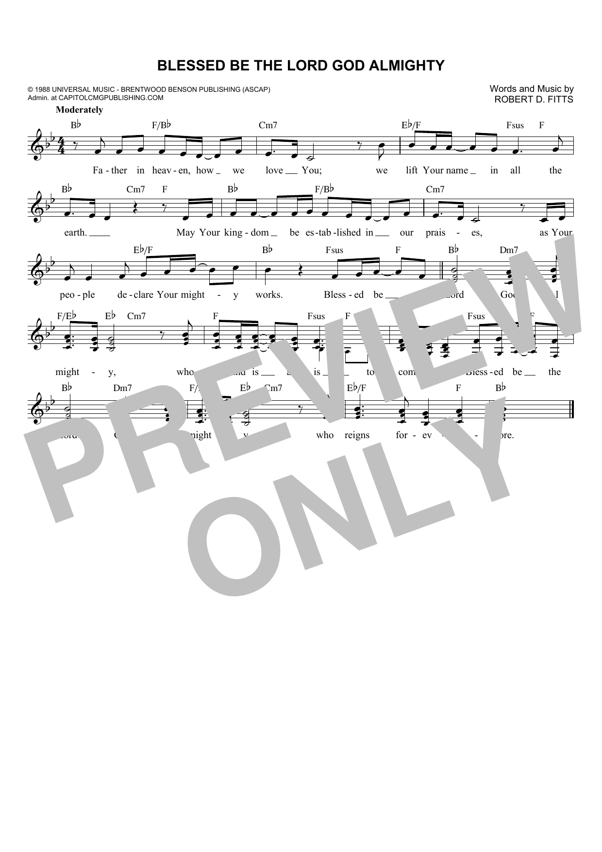 Learn to play Robert D. Fitts Blessed Be The Lord God Almighty sheet music for Lead Sheet / Fake Book in minutes. Price: 5.9900$ Robert D. Fitts Blessed Be The Lord God Almighty sheet music notes and chords arranged for Lead Sheet / Fake Book